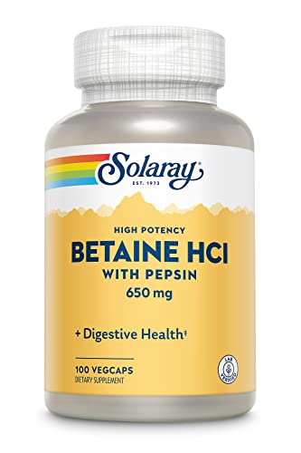 SOLARAY High Potency Betaine HCL with Pepsin 650 mg, Hydrochloric Acid Formula for Healthy Digestion Support, Lab Verified, 250 VegCaps (100 Servings, 100 Veg Caps)
