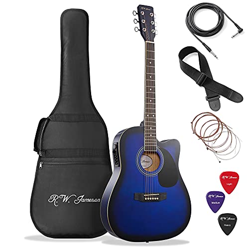 Blue Full Size Thinline Acoustic Electric Guitar with Free Gig Bag Case & Picks