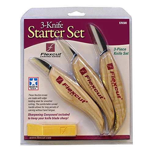 Book Cover Flexcut Carving Knives, Starter Set, with Ergonomic Handles and Carbon Steel Blades, Set of 3 (KN500)