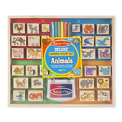 Book Cover Melissa & Doug Deluxe Wooden Stamp Set: Animals - 30 Stamps, 6 Markers, 2 Stamp Pads - Kids Art Projects, With Washable Ink, Wooden Animal Stamps For Ages 4+