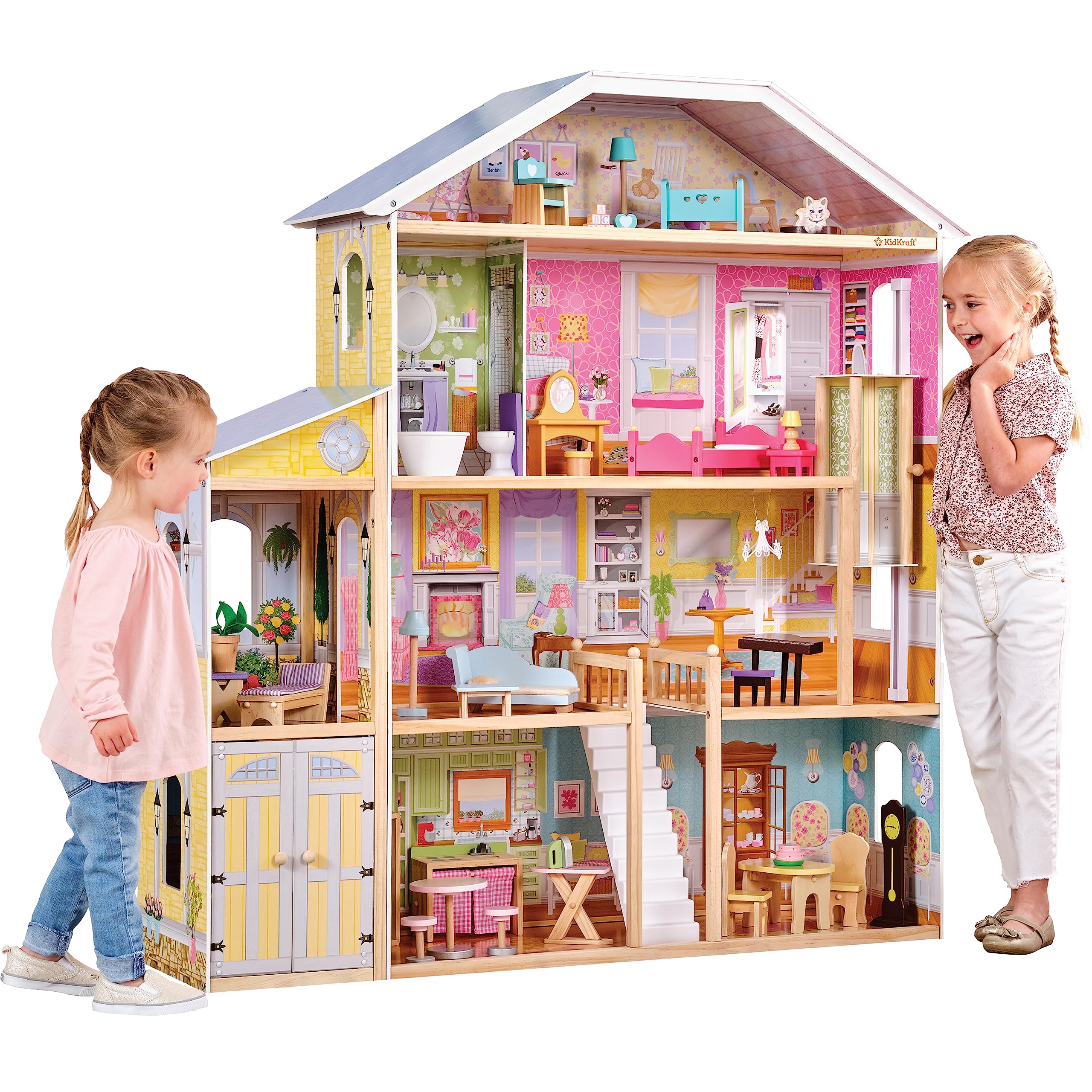Book Cover KidKraft Majestic Mansion Wooden Dollhouse with 34-Piece Accessories, Working Elevator and Garage, Gift for Ages 3+