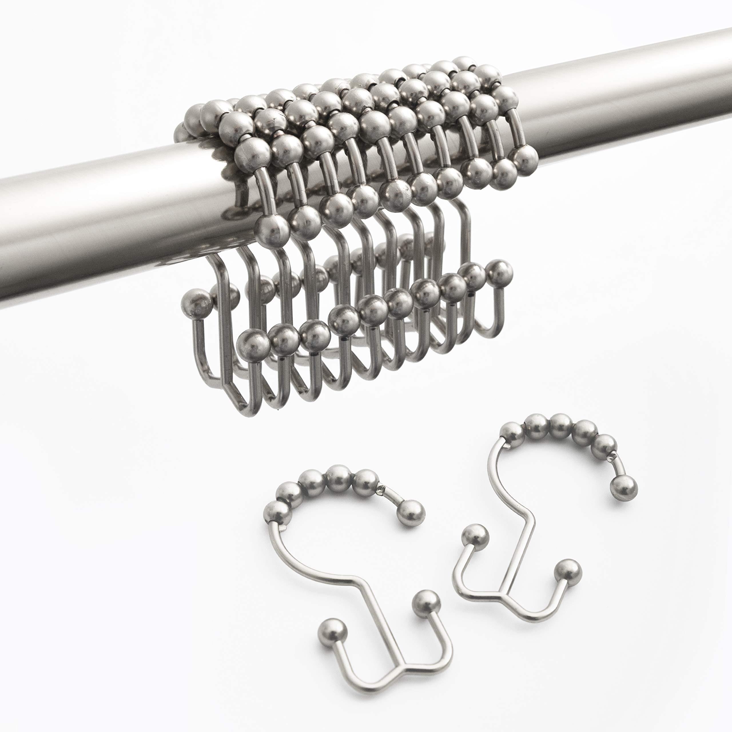 Maytex Shower Curtain Hooks, Shower Curtain Rings, Rust-Resistant Decorative Double Roller Glide Shower Hooks, Shower Rings for Bathroom Shower Rods, Curtains, Liners, Set of 12, Brushed Nickel Brushed Nickel Hooks