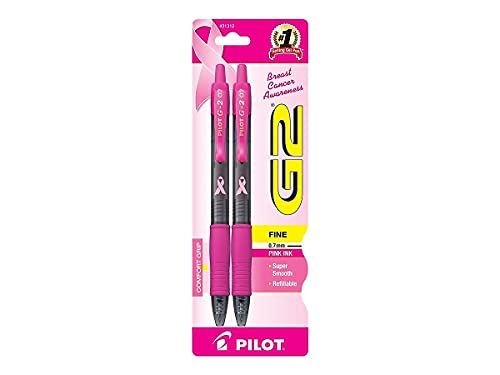 Pilot, G2 Pink Ribbon Premium Gel Roller Pens, Fine Point 0.7 mm, Pink, Pack of 2
