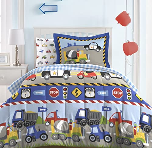 Book Cover Dream Factory Trucks Tractors Cars Boys 5-Piece Bedding Comforter Sheet Set, Twin, Blue Red Multi