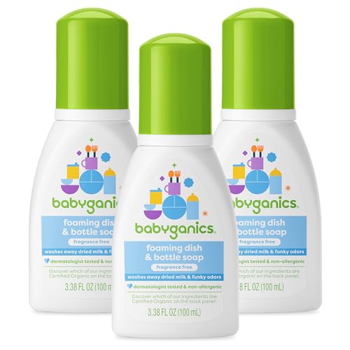 Babyganics Foaming Dish & Bottle Soap for Travel, Fragrance Free, Removes Dried Milk, Packaging May Vary, 3.38 Fl Oz (Pack of 3)