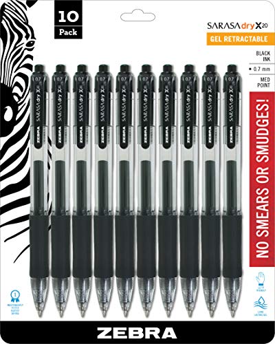 Zebra Pen Sarasa X20 Retractable Gel Ink Pens, Medium Point 0.7mm, Black Rapid Dry Ink, 10 Pack (Packaging may vary)