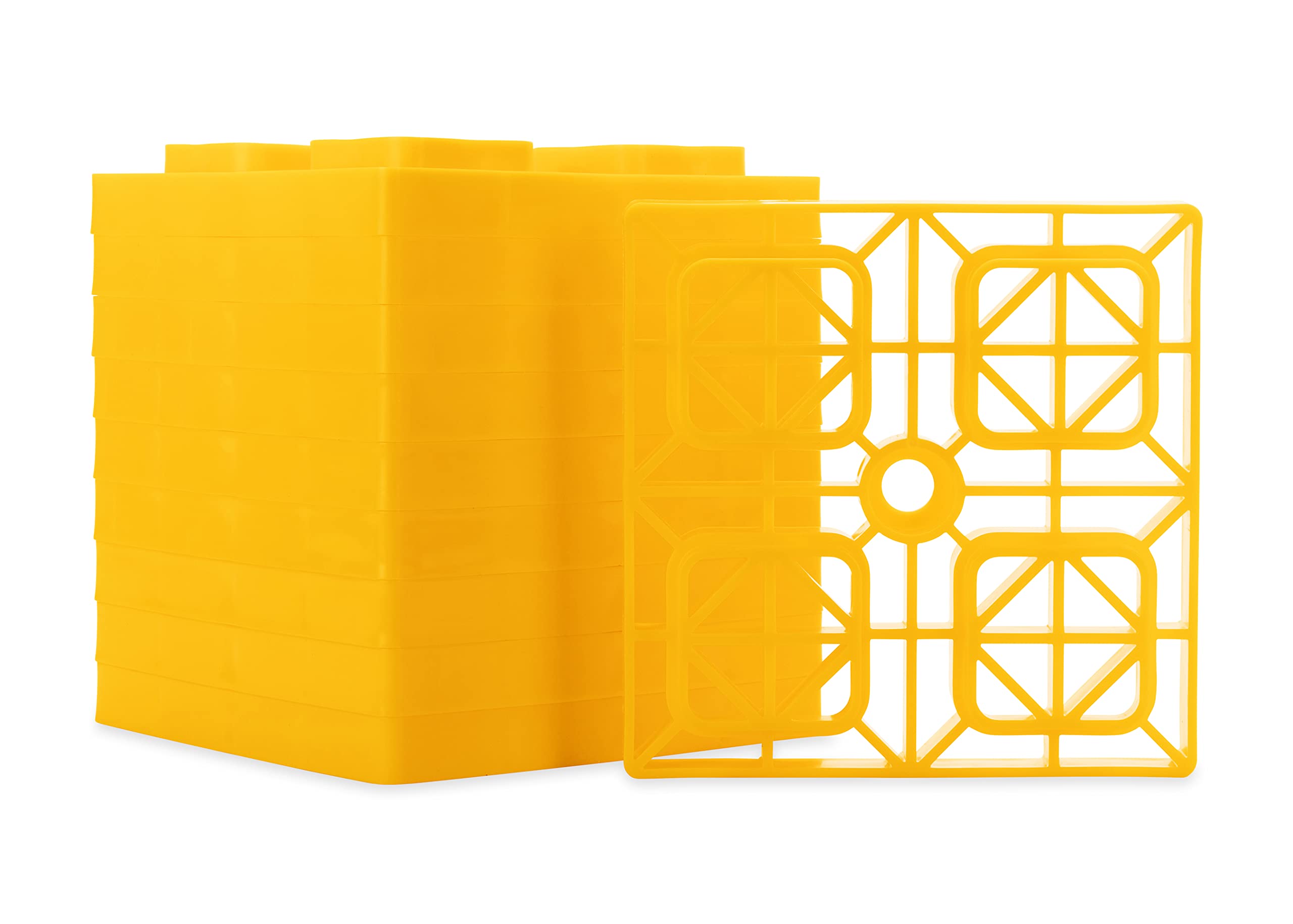 Book Cover Camco Heavy Duty Leveling Blocks | Ideal For Leveling Single Wheels, Double Wheels, Hydraulic Jacks, Tongue Jacks, and More | Yellow | 10-pack (44505) Pack of 10 Standard Packaging Blocks
