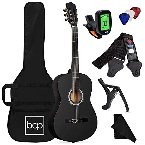 Book Cover Best Choice Products 38in Beginner All Wood Acoustic Guitar Starter Kit w/Gig Bag, Digital Tuner, 6 Celluloid Picks, Nylon Strings, Capo, Cloth, Strap w/Pick Holder - Matte Black