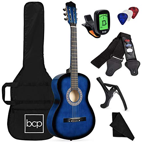Book Cover Best Choice Products 38in Beginner All Wood Acoustic Guitar Starter Kit w/Gig Bag, Digital Tuner, 6 Celluloid Picks, Nylon Strings, Capo, Cloth, Strap w/Pick Holder - Blue