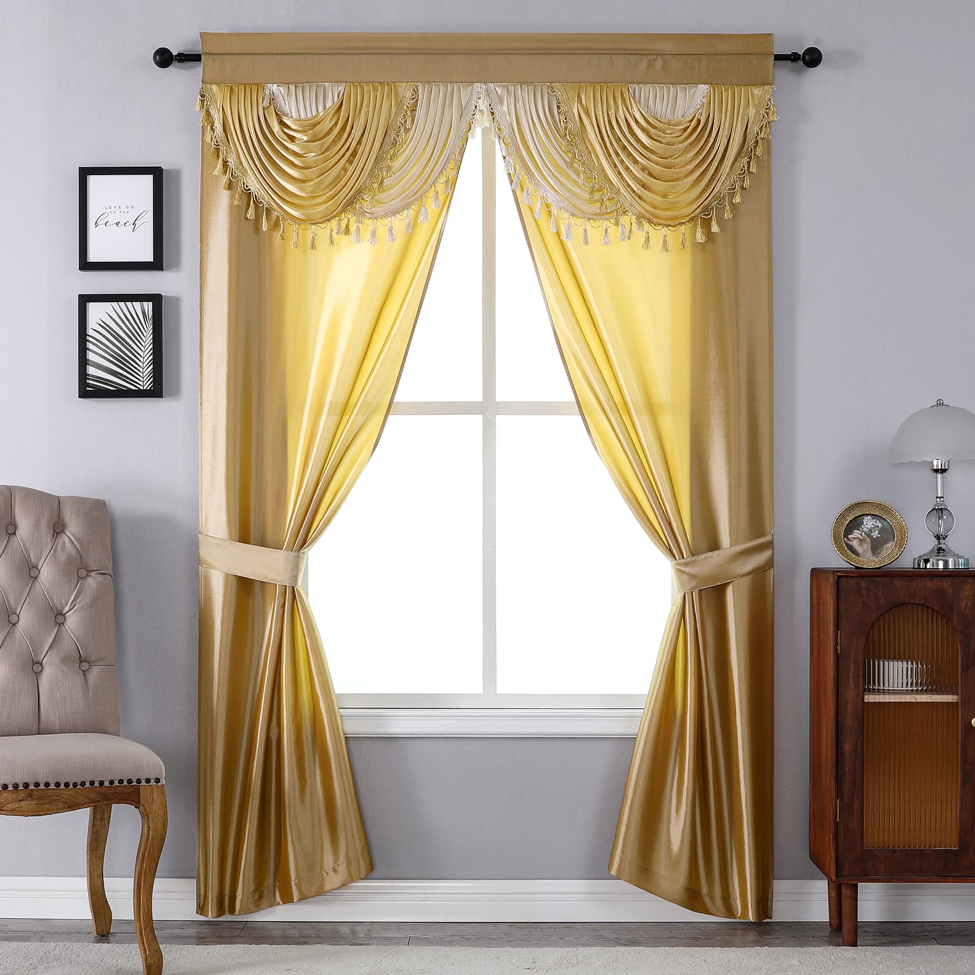 Book Cover Regal Home Collections Amore Curtains 5-Piece Window Curtain Set - 54-Inch W x 84-Inch L Panels with Attached Valance and 2 Tiebacks - Bedroom Curtains and Living Room Curtains (Gold) 54