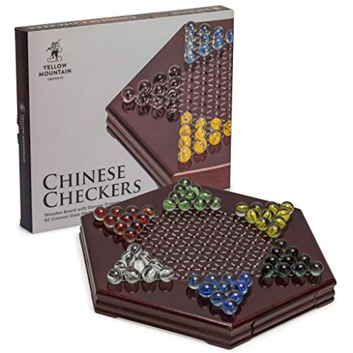 Book Cover Yellow Mountain Imports Chinese Checkers, Halma Wooden Game Set (12 inch Set) - Built-in Storage Drawers - with Cherry Colored Finish & 6 Multi-Colored Marble Set, 14mm