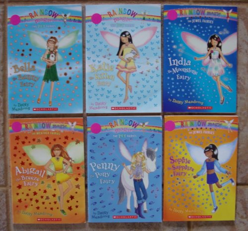Rainbow Magic Fairies Set of 6 Books (India the Moonstone Fairy (Jewel Fairies) ~ Sophie the Sapphire Fairy (Jewel Fairies) ~ Katie the Kitten Fairy (Pet Fairies) ~ Bella the Bunny Fairy (Pet Fairies) ~ Penny the Pony Fairy (Pet Fairies) ~ Abigail the Bre