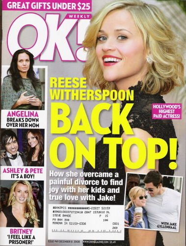 OK Weekly Magazine Reese Witherspoon Back on Top!, Angelina Jolie, Ashley Simpson & Pete Wentz, Britney Spears, Jake Gyllenhaal, Audrina Patridge, Miley Cyrus, Justin Gaston, Robert Pattinson, Heidi Klum (December 8, 2008)