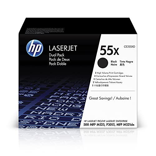 HP 55X Black High-Yield Toner Cartridges Printers (2-Pack) | Works with Printer Series: LaserJet Enterprise 500 MFP M525, P3015, LaserJet Pro MFP M521 | CE255XD