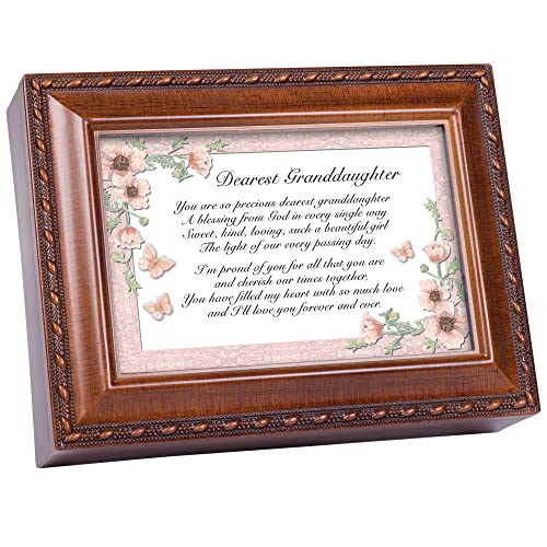 Cottage Garden Dearest Granddaughter Woodgrain Rope Trim Music Box Plays Light Up My Life