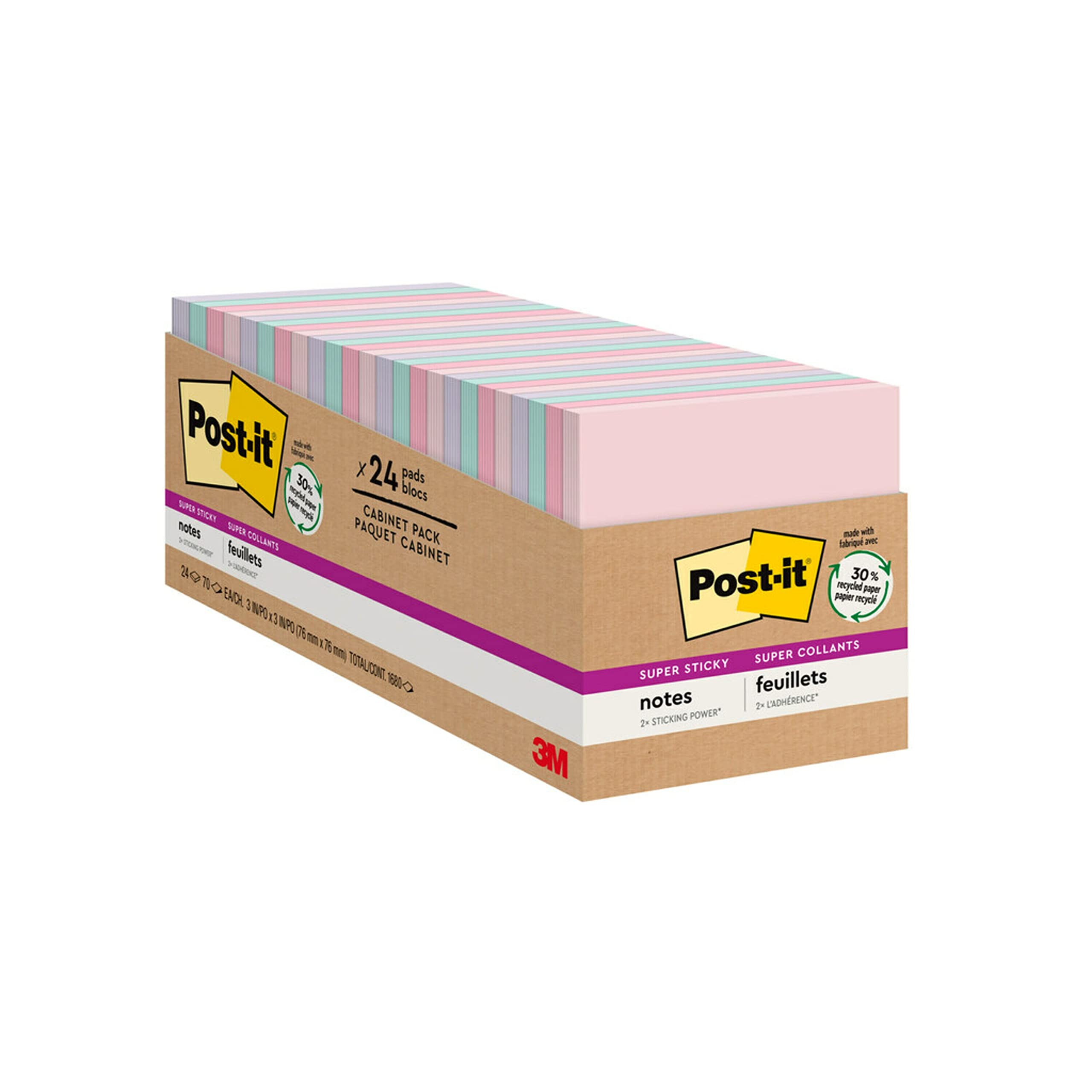 Book Cover Post-it Super Sticky Recycled Notes, 3x3 in, 24 Pads, 2x the Sticking Power, Wanderlust Collection, Pastel Colors, 30% Recycled Paper (654-24NH-CP)
