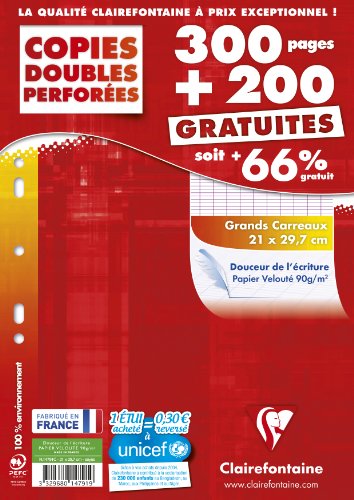 Clairefontaine 14791c Copie doubles Seyes Grand carreaux Paquet de 300 + 200 gratuit