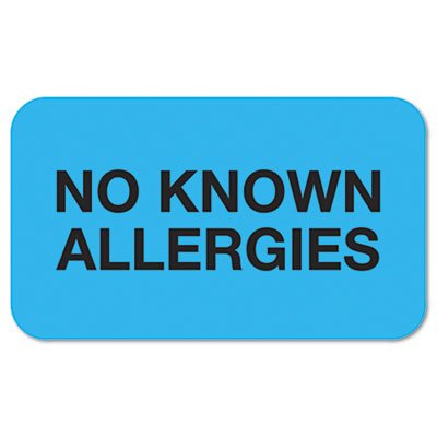 'No Known Allergies'' Medical Labels, 7/8 x 1-1/2, Light Blue, 250/Roll