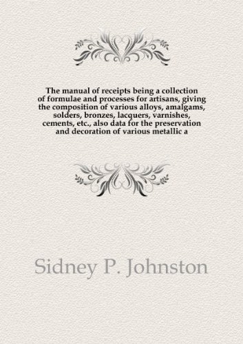 ***REPRINT***The manual of receipts : being a collection of formulae and processes for artisans, giving the composition of various alloys, amalgams, solders, bronzes, lacquers, varnishes, cements, etc., also data for the preservation and decoration of var