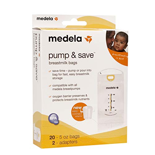Book Cover Medela Pump & Save Breast Milk Storage Bags, 20 Count Pack, Breastmilk Freezer Bags, Pour or Pump Directly into Bags with Included Easy Connect Adaptors, Made Without BPA