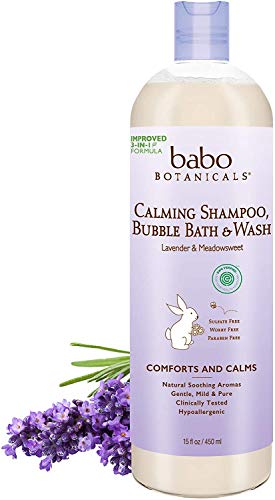 Book Cover Babo Botanicals Calming 3-in-1 Shampoo, Bubble Bath & Wash with French and Organic Meadowsweet, Hypoallergenic, Vegan, For Babies and Kids - Lavender (Pack of 1) 15 Fl Oz