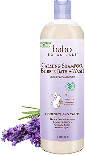 Babo Botanicals Calming 3-in-1 Shampoo, Bubble Bath & Wash with French and Organic Meadowsweet, Hypoallergenic, Vegan, For Babies and Kids - Lavender (Pack of 1) 15 Fl Oz