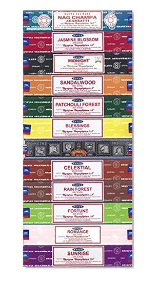 Nag Champa Sunrise Sandalwood Midnight Patchouli Celestial Fortune Blessings Romance Super Hit Jasmine Blossom Rain forest by Satya Gift Set