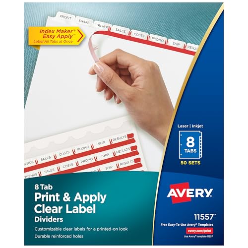 Avery Index Maker Clear Label Dividers, 8.5 x 11 Inch, 8 Tab, White Tab, 50 Sets (11557)