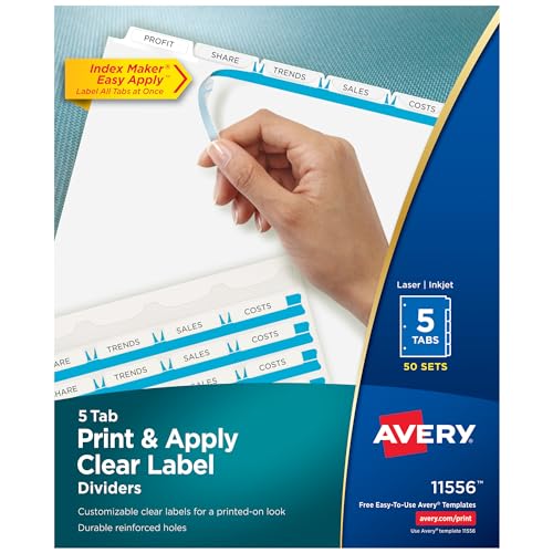 Avery 5-Tab Binder Dividers, Easy Print & Apply Clear Label Strip, Index Maker, White Tabs, 50 Sets (11556)
