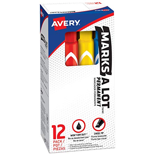 Book Cover Avery Marks-A-Lot Permanent Markers, Large Desk-Style Size, Chisel Tip, Water and Wear Resistant, 12 Assorted Markers (24800)