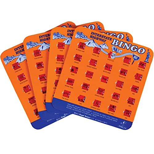 Book Cover Regal Games - Original Interstate Highway Travel Bingo Set - Travel Bingo Cards for Family Vacations, Car Rides, and Road Trips - Orange - 4 Pack