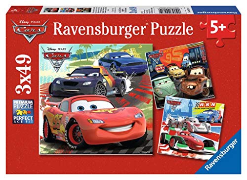 Book Cover Ravensburger Disney Cars: Worldwide Racing Fun 3 x 49-Piece Jigsaw Puzzle for Kids – Every Piece is Unique, Pieces Fit Together Perfectly
