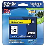 Brother Genuine P-Touch TZE-631 Tape, 1/2" (0.47") Standard Laminated P-Touch Tape, Black on Yellow, Laminated for Indoor or Outdoor Use, Water Resistant, 26.2 Feet (8M), Single-Pack