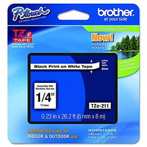 Brother Genuine P-touch TZE-211 Label Tape 1, 1/4" (0.23") Standard Laminated P-touch Tape, Black on White, Laminated for Indoor or Outdoor Use, Water Resistant, 26.2 Feet (8M), Single-Pack