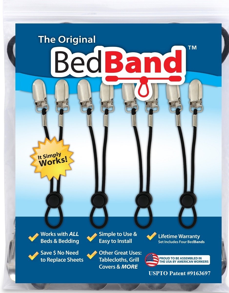 Book Cover Bed Band Not Made in China. 100% USA Worker Assembled.. Bed Sheet Holder, Gripper, Suspender and Strap. Smooth any Sheets on any Bed. Sleep Better. Patented.,Black,1 Pack (4 Bands) 1 Pack (4 Bands) Black