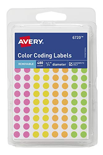 Avery Round Color Coding Labels, 0.25 Inch Diameter, Assorted Removable, Pack of 480 (6720)