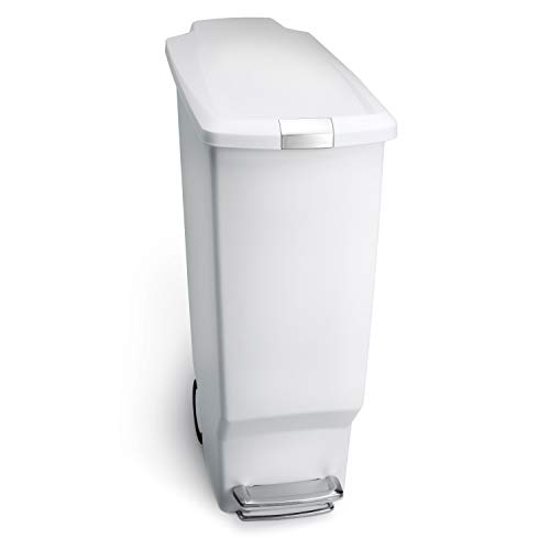 Book Cover simplehuman 40 Liter / 10.6 Gallon Slim Kitchen Step Trash Can With Secure Slide Lock, White Plastic
