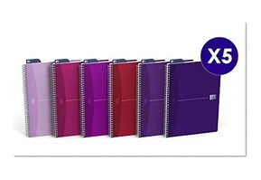 Oxford Office My Style Lot de 5 Cahiers à Spirales au Format A4 (21 x 29,7cm) 100 Pages Petits Carreaux 5x5 Couverture Carte Pelliculée Couleurs Assorties