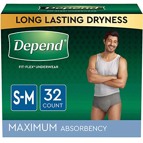 Depend FIT-FLEX Incontinence Underwear for Men, Maximum Absorbency, Disposable, Small/Medium, Grey, 32 Count