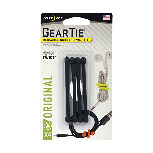 Nite Ize Original Gear Tie, Reusable Rubber Twist Tie, 3-Inch, Black, 4 Pack, Made in The USA