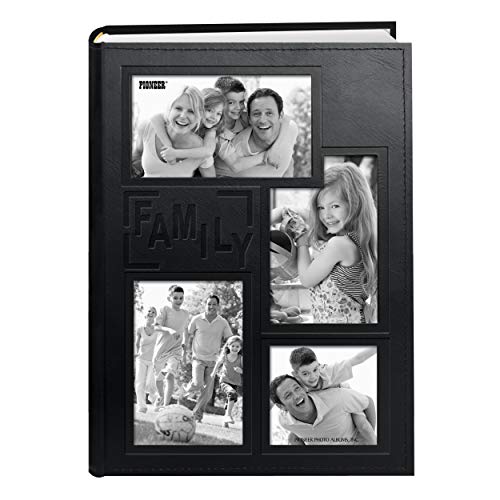 Book Cover Pioneer Collage Frame Embossed Family Sewn Leatherette Cover 300 Pocket Photo Album, Black