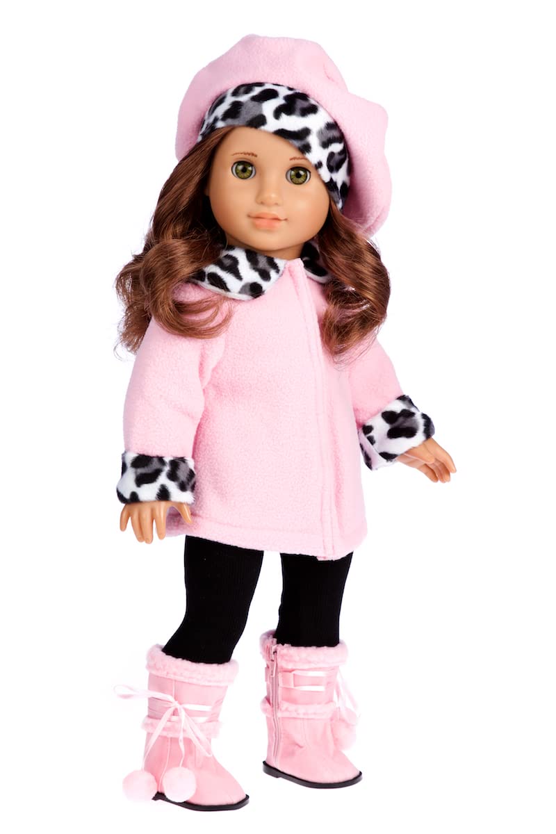 DreamWorld Collections - Elegance - 4 Piece 18 inch Doll Outfit - Pink Fleece Coat, Matching Hat, Brown Pants and Sherpa Boots - (Doll Not Included)