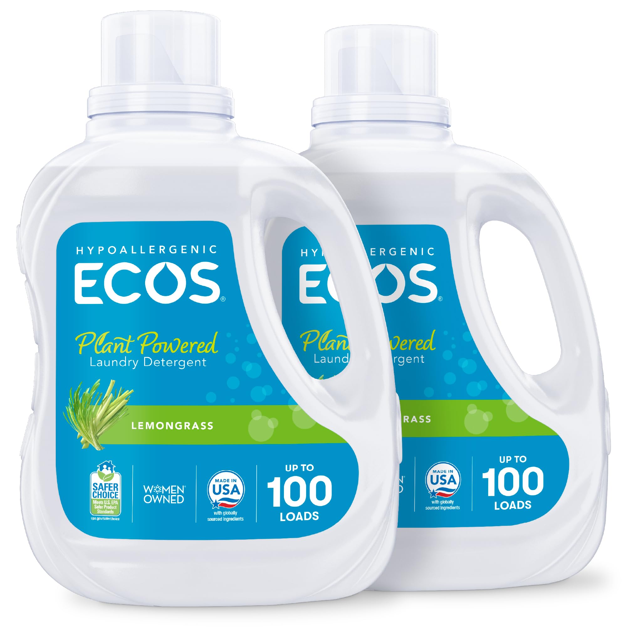 Book Cover ECOS Laundry Detergent Liquid, 200 Loads - Dermatologist Tested Laundry Soap - Hypoallergenic, EPA Safer Choice Certified, Plant-Powered - Lemongrass, 100 Fl Oz (Pack of 2) Lemongrass 100 Fl Oz (Pack of 2)