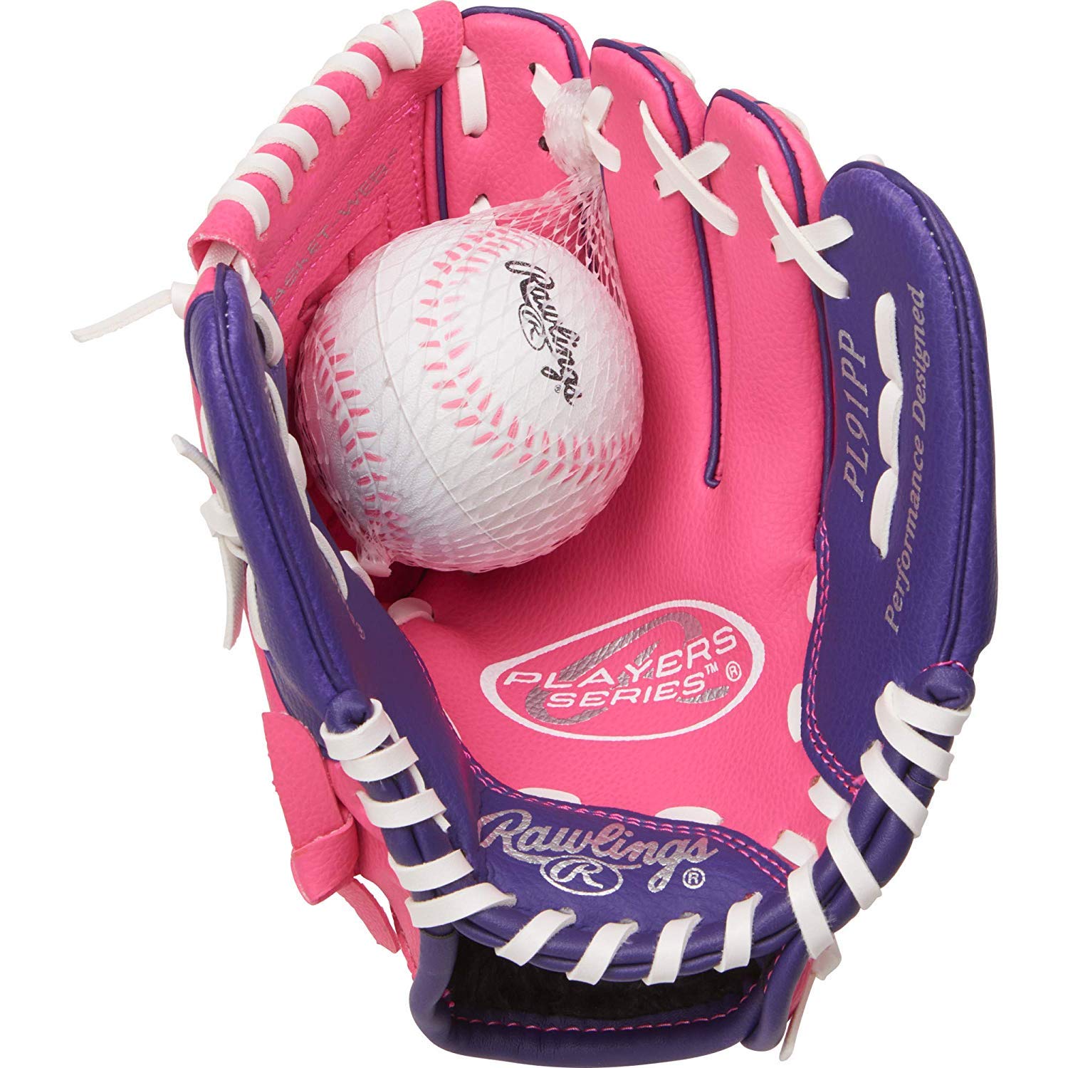 Rawlings | Players Series T-Ball & Youth Baseball Glove | Sizes 9" - 11.5" Right Hand Throw 9" | Ages 3-5 Pink/Purple with Ball