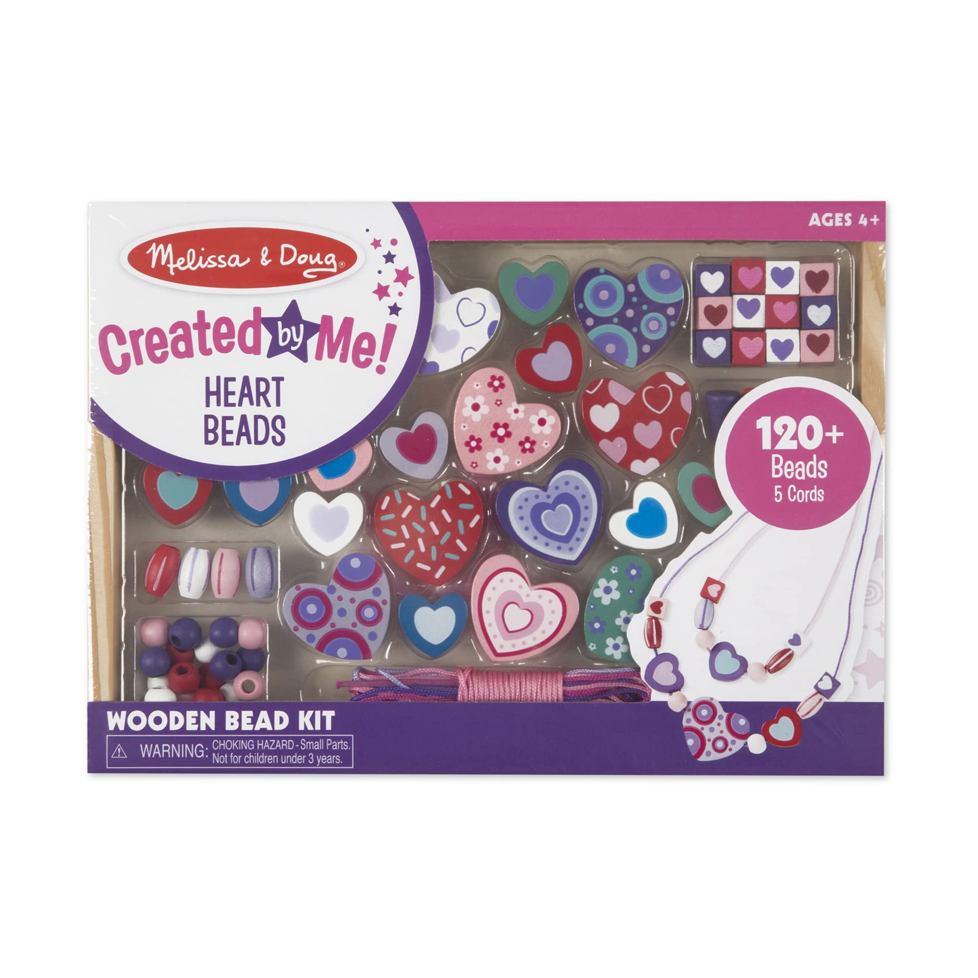 Melissa & Doug Created by Me! Heart Beads Wooden Bead Kit, 120+ Beads and 5 Cords for Jewelry-Making Hearts