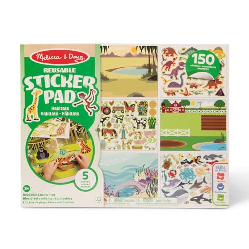 Melissa & Doug Reusable Sticker Pad: Habitats - 150+ Reusable Stickers 7 Ounces - Kids Animal Activities, Restickable Animals Sticker Book, Animal Habitats Removable Stickers For Kids Ages 3+