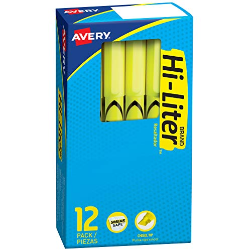 Book Cover Avery Hi-Liter, Smear Safe Ink, Chisel Tip, 12 Pen Style Fluorescent Yellow School Highlighters (23591)