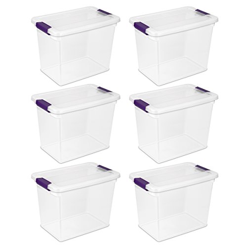 Sterilite 17631706 27 Quart/26 Liter ClearView Latch Box, Clear with Sweet Plum Latches, 6-Pack
