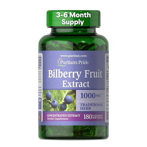 Puritans Pride Bilberry 1000 Mg Softgels, 180 Count