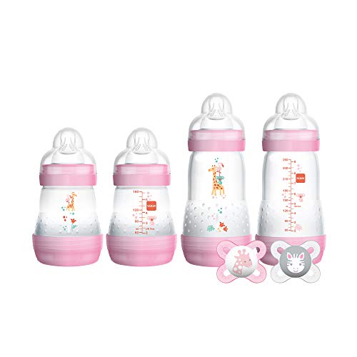 MAM Feed & Soothe Feeding Set, Newborn Essentials Must Have for 0-3 Months, Including 6 Pieces, Anti-Colic Baby Bottle Self-Sterilizing, Skinsoft Silicone Pacifiers, Baby Gift, Girl